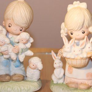 Vintage Homco pair of Easter spring figurines. Boy/girl with bunnies and lambs